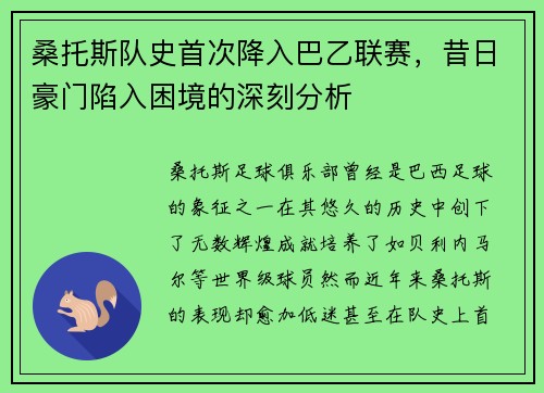 桑托斯队史首次降入巴乙联赛,昔日豪门陷入困境的深刻分析 桑托斯队史首次降入巴乙联赛,昔日豪门陷入困境的深刻分析